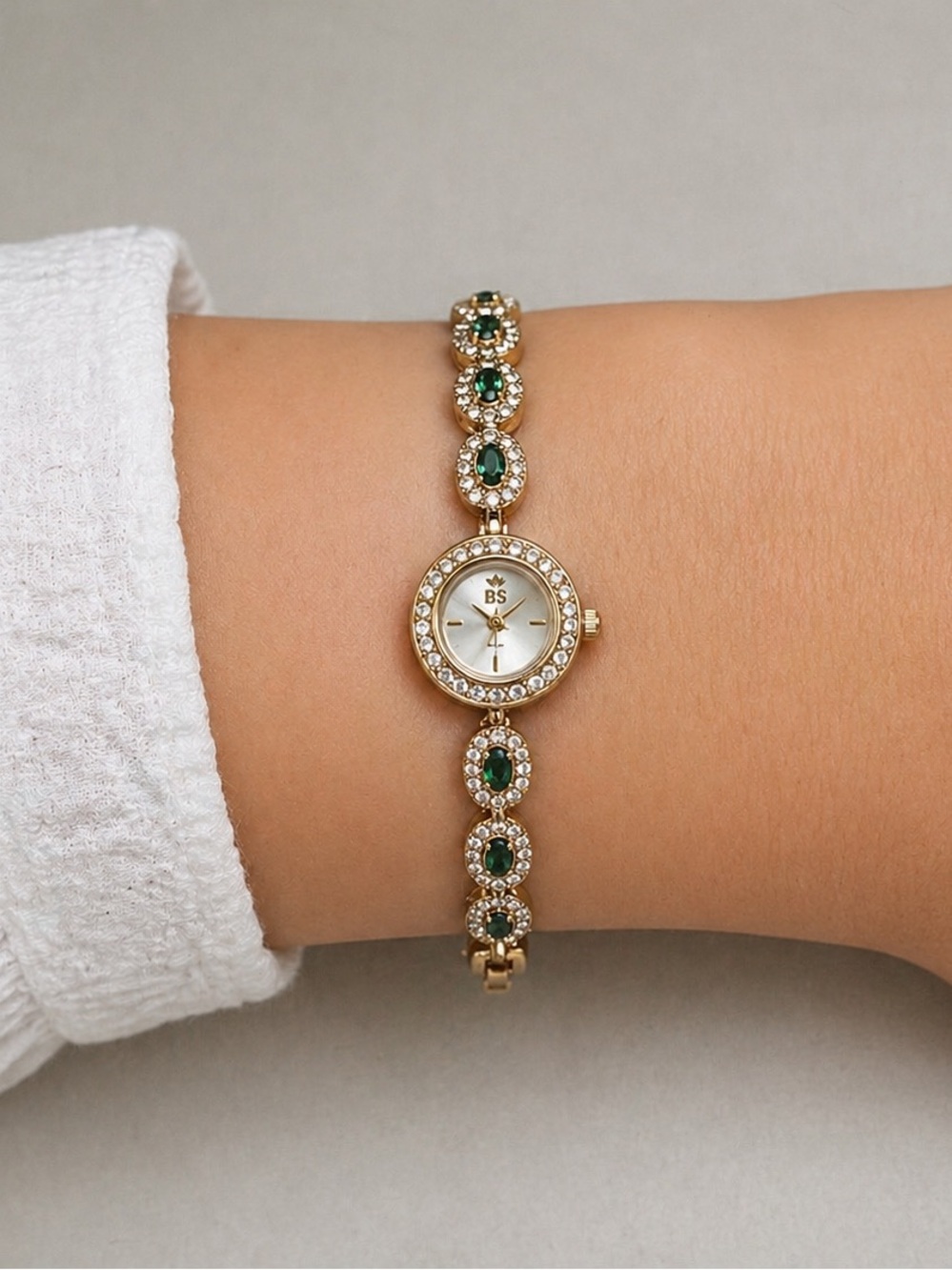 Vintage Inspired Dainty Gold-Tone Ladies Bracelet Watch with Green Stone Accents